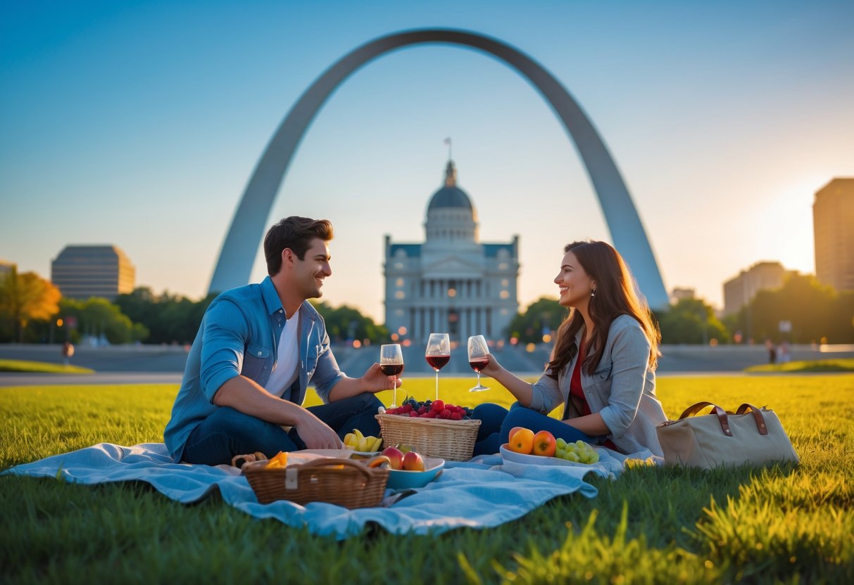 A young couple having a picnic near the Gateway Arch in St. Louis, smiling and enjoying their time together outdoors.