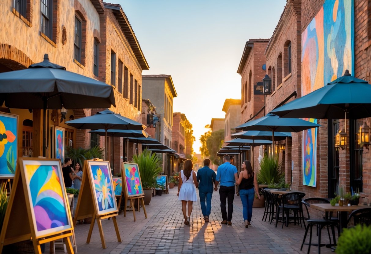 Couples walking along a historic street in Old Town Temecula, viewing art displays and enjoying outdoor cafés on a sunny day.