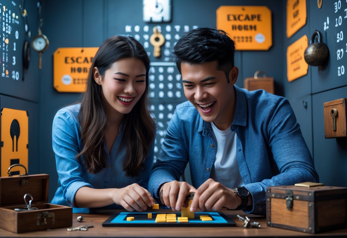 A young couple working together on puzzles in an escape room, collaborating and smiling.