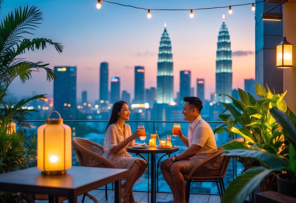 A young couple enjoying a romantic evening at a rooftop café overlooking the Surabaya city skyline at sunset.
