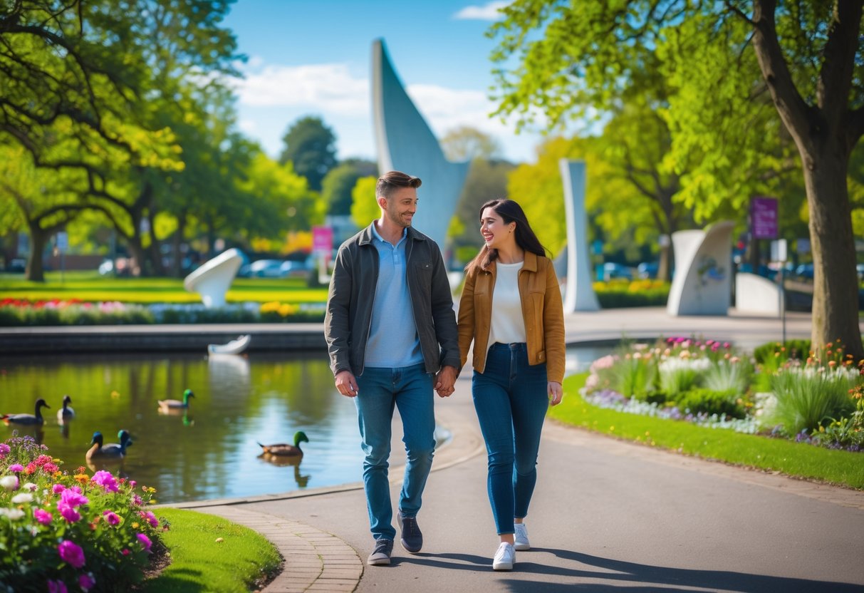 A young couple walking hand in hand along a path in a green park with a lake and sculptures in the background.
