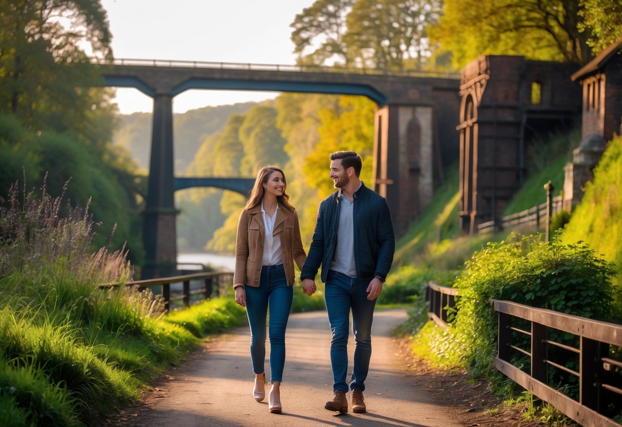 A couple walking hand-in-hand along a riverside path near historic iron bridges surrounded by trees and greenery.