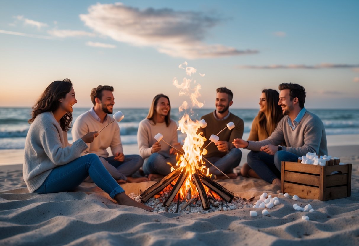 People sitting around a bonfire on a sandy beach roasting marshmallows and making s'mores during a sunny afternoon.