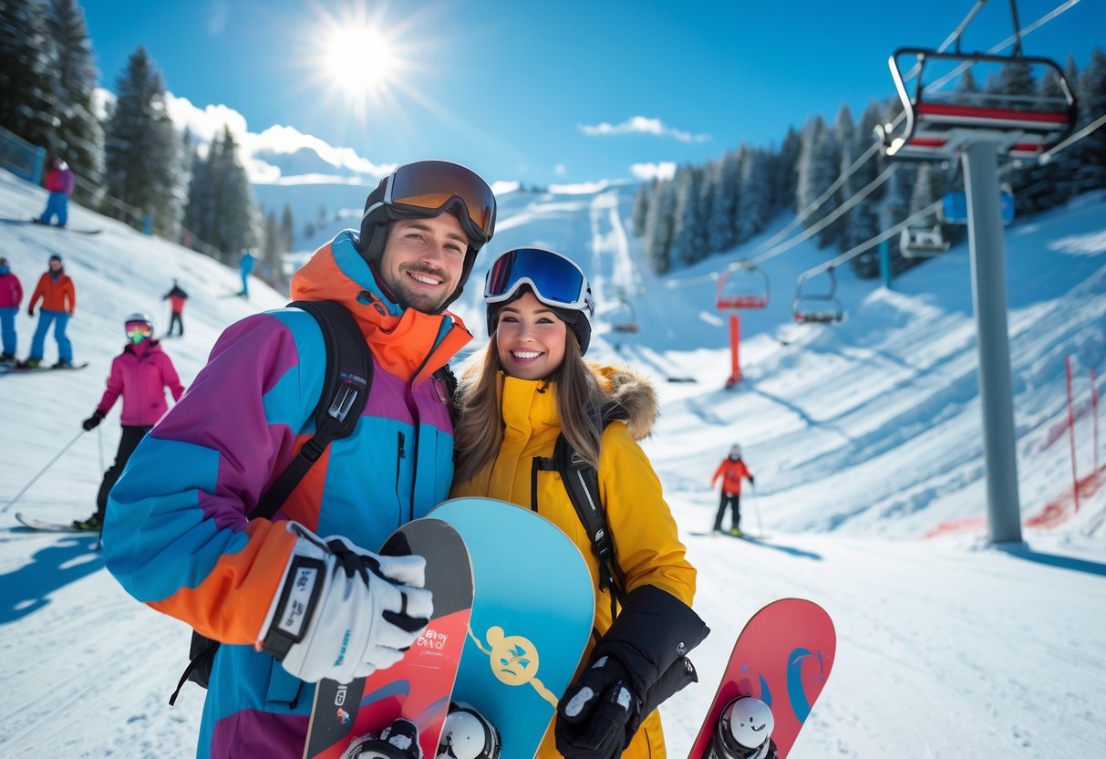 A young couple in winter sports gear holding snowboards on a snowy slope at a ski centre with skiers and snowboarders in the background.