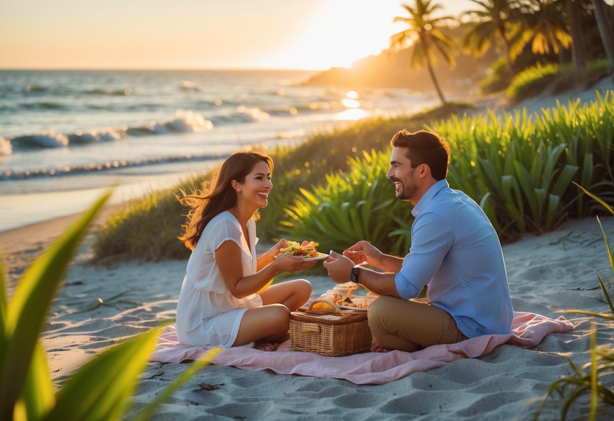 A couple enjoying a picnic on a sandy beach at sunset with palm trees and calm ocean waves in the background.
