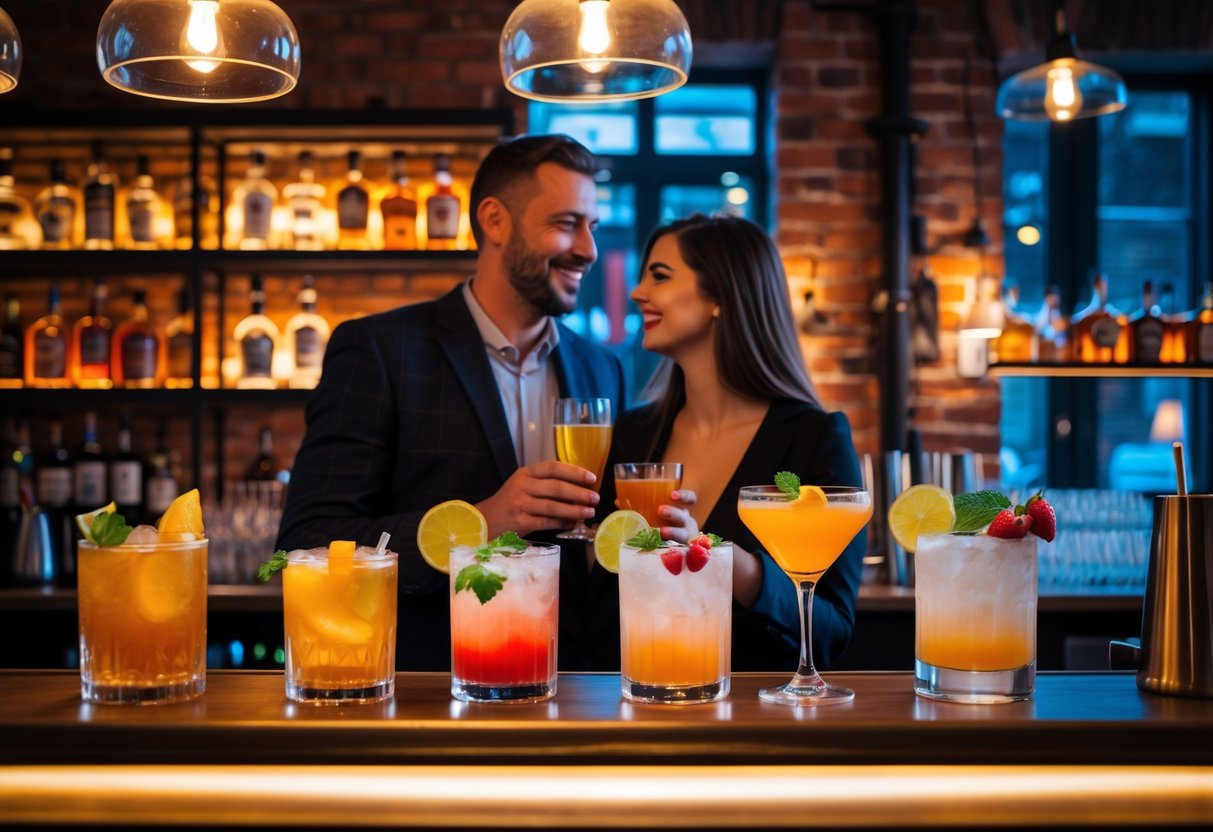 A couple enjoying craft cocktails at a cozy, stylish bar with warm lighting and modern decor.
