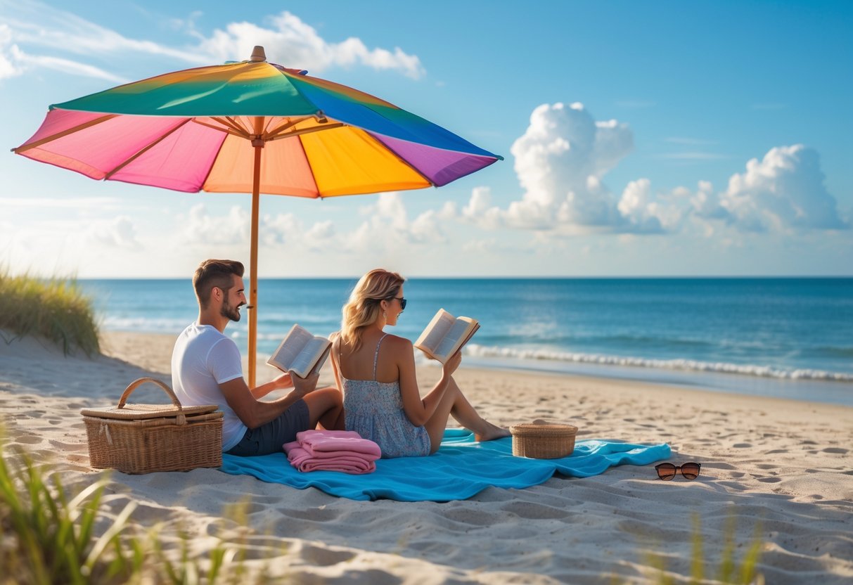 A couple reading books together under a beach umbrella on the sand near the ocean.