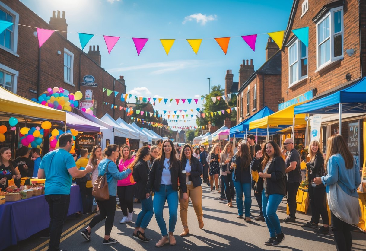 People enjoying a lively outdoor festival with colorful decorations, stalls, and live entertainment on a sunny day in a town street.