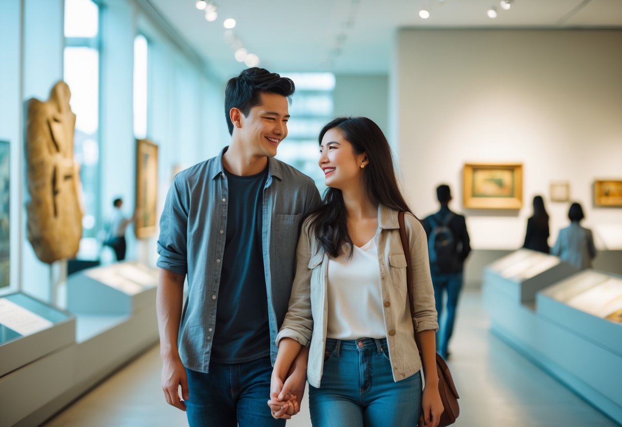 A young couple holding hands while walking through a museum gallery with exhibits on display.