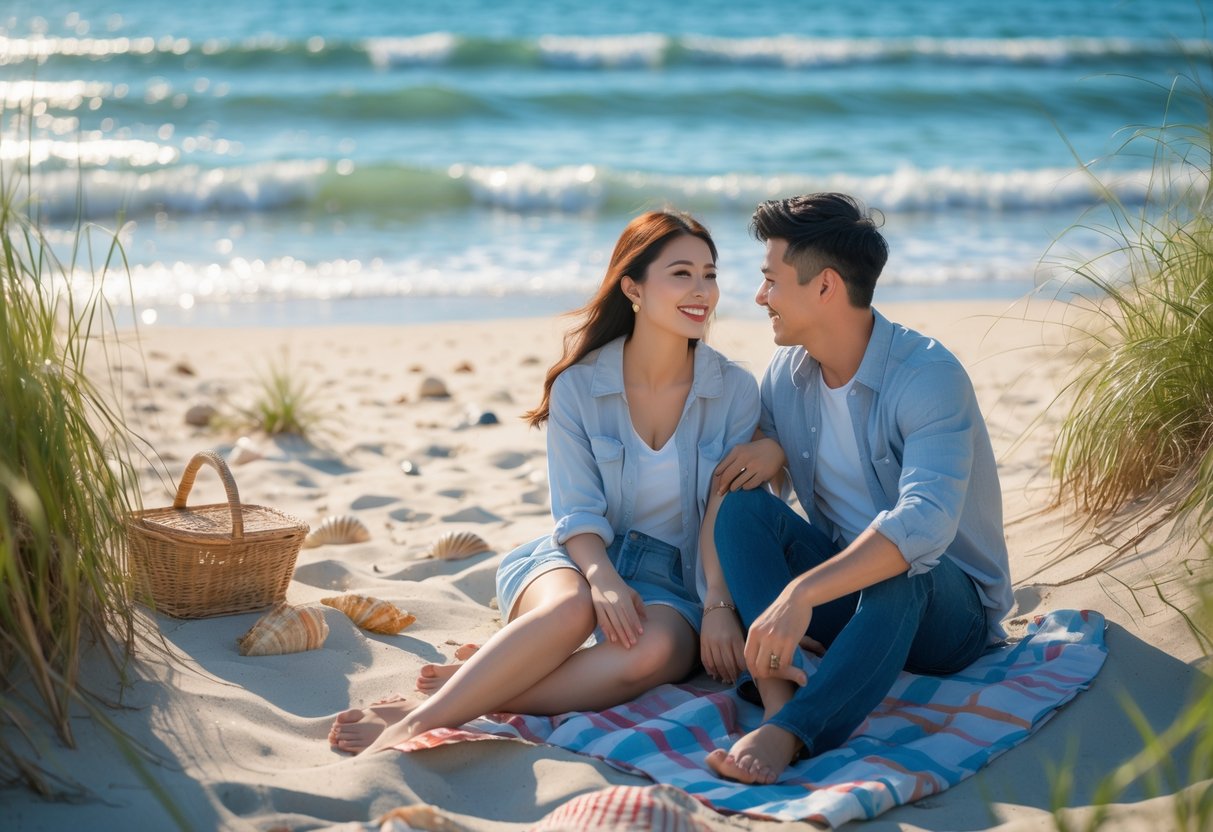 A young couple enjoying a sunny afternoon together on the beach with ocean waves in the background.