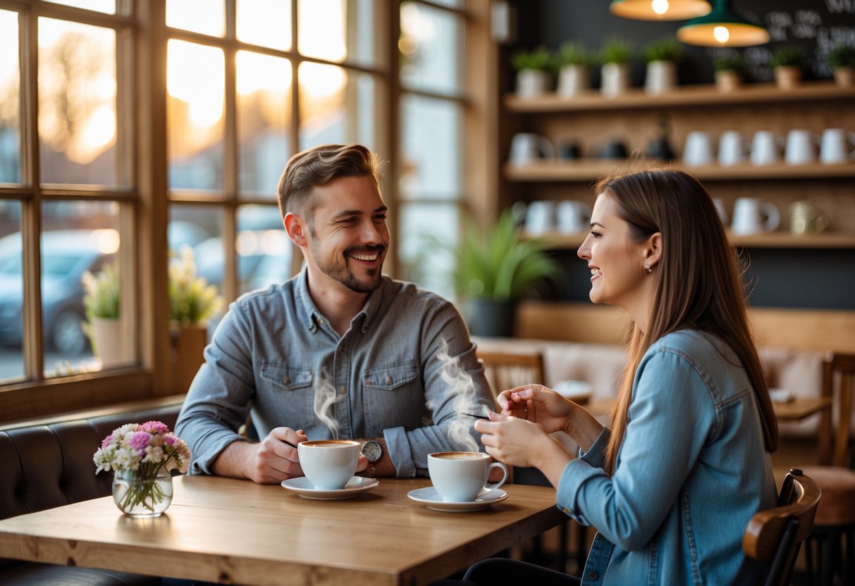 A couple sitting at a wooden table in a cozy café, enjoying coffee and smiling at each other.
