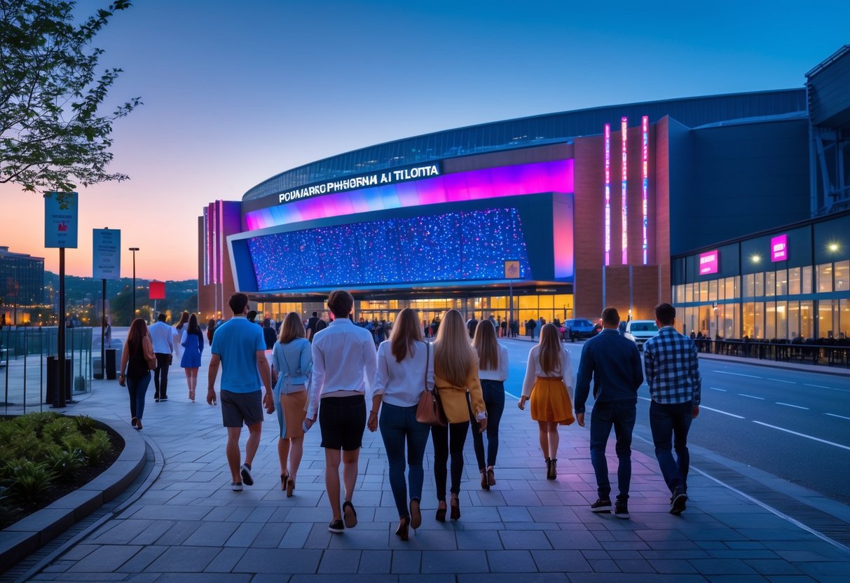 People walking toward a large, modern arena lit up at dusk, with groups of couples and friends arriving for a concert.