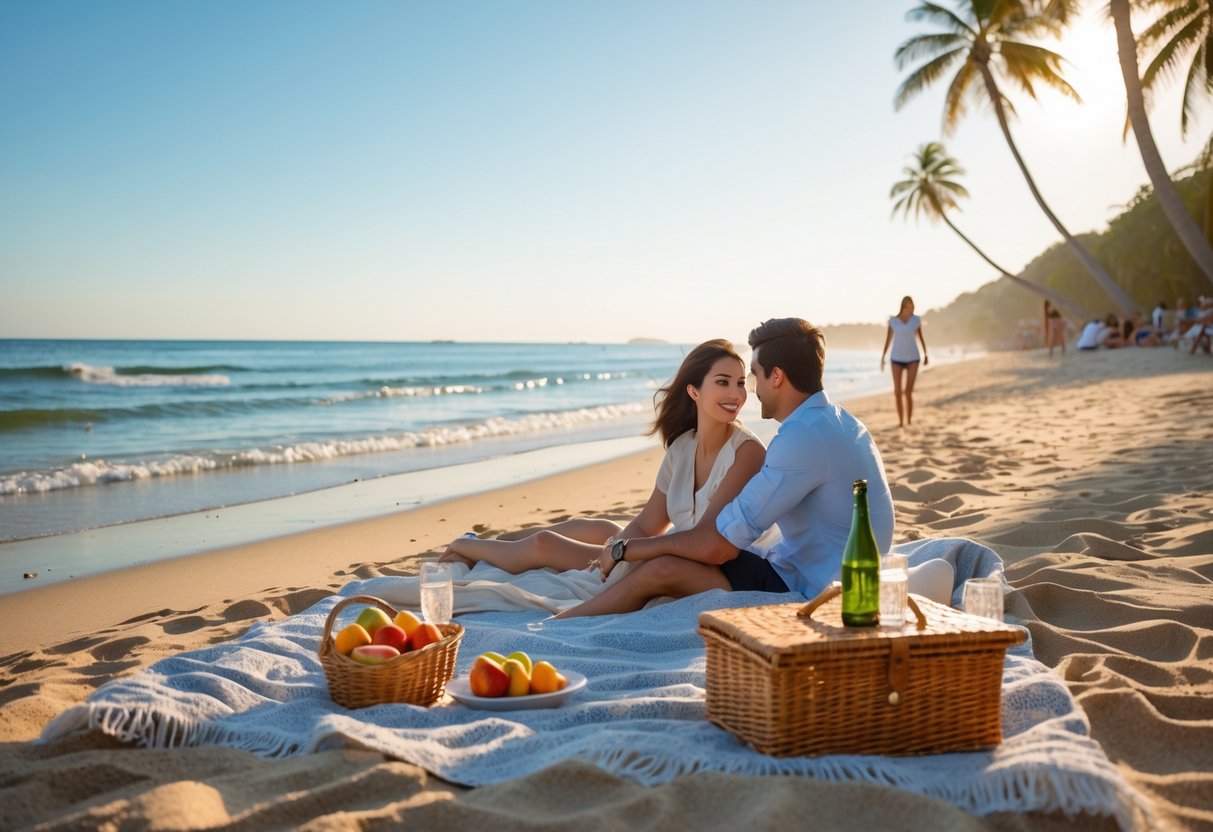 A couple sitting on a blanket on the beach near the calm sea with a picnic setup and palm trees in the background on a sunny afternoon.