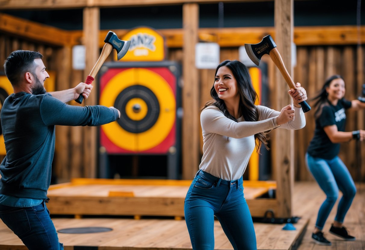 A couple throwing axes at targets inside an indoor axe throwing venue, smiling and enjoying their time together.
