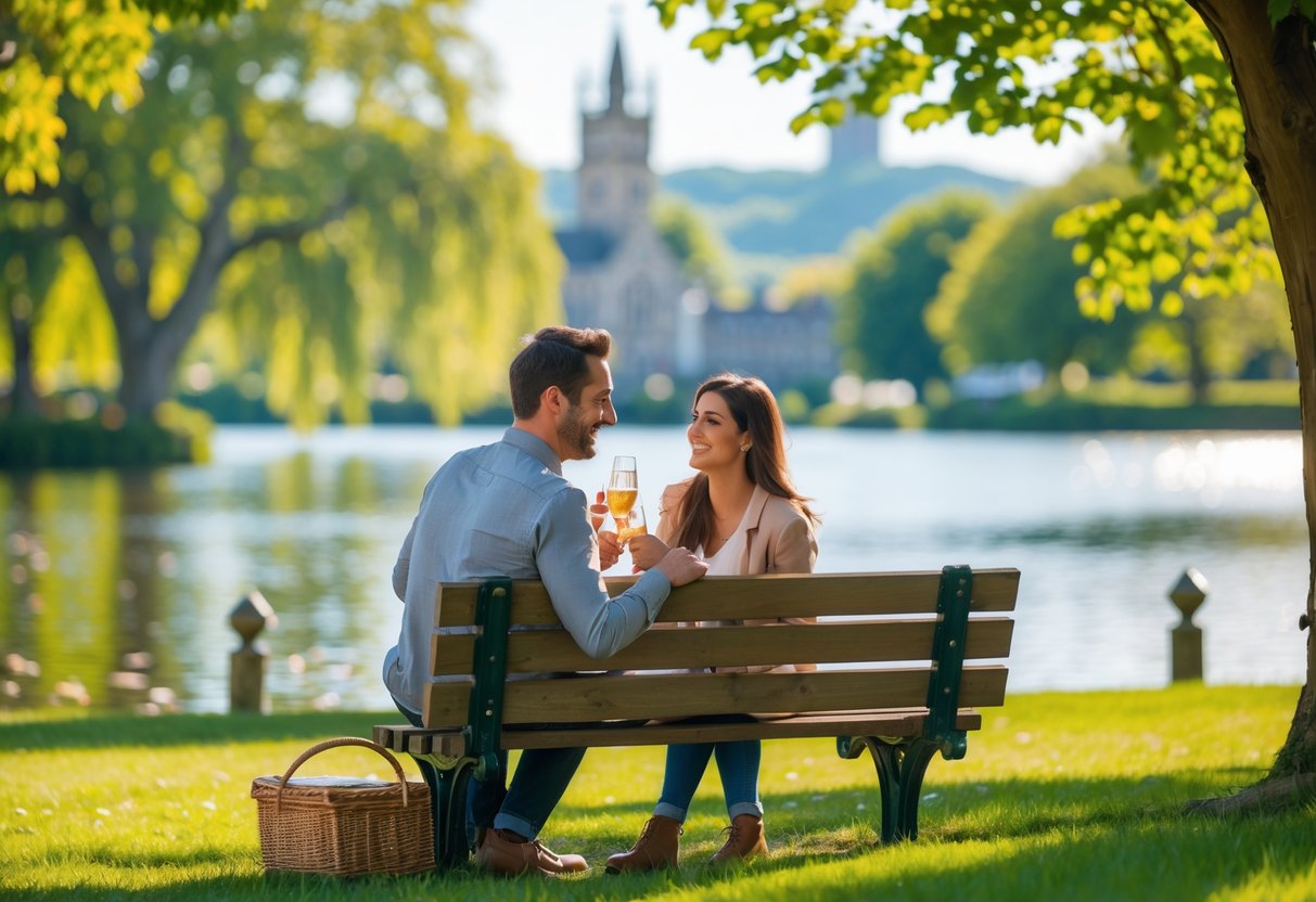 A couple sitting on a bench by a lake in a park, smiling and enjoying a sunny day together.
