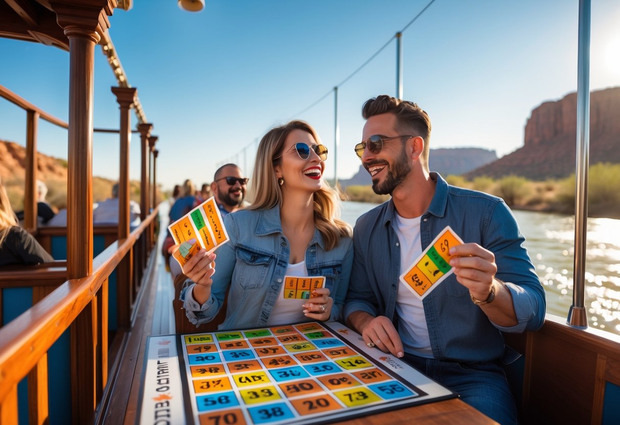 A couple playing bingo on a riverboat deck surrounded by other passengers with a scenic river and desert landscape in the background.