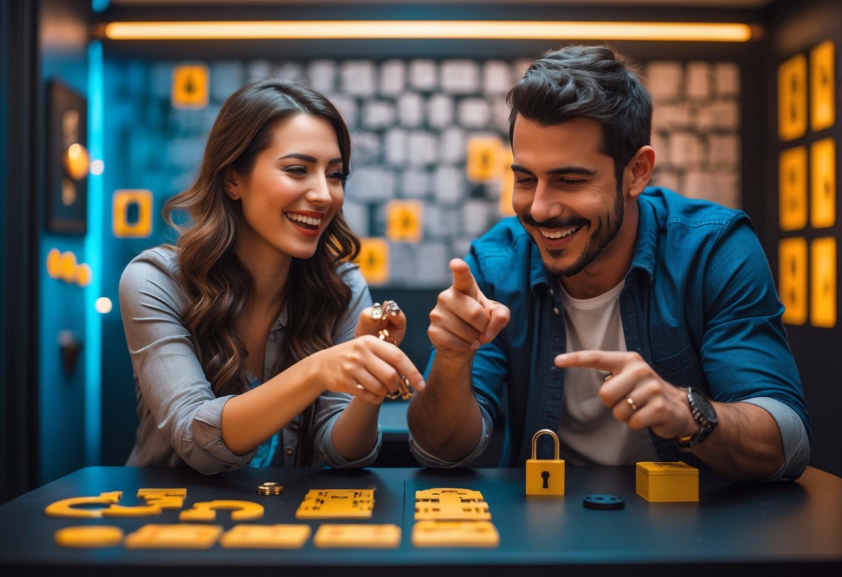 A smiling couple working together to solve puzzles in an escape room.