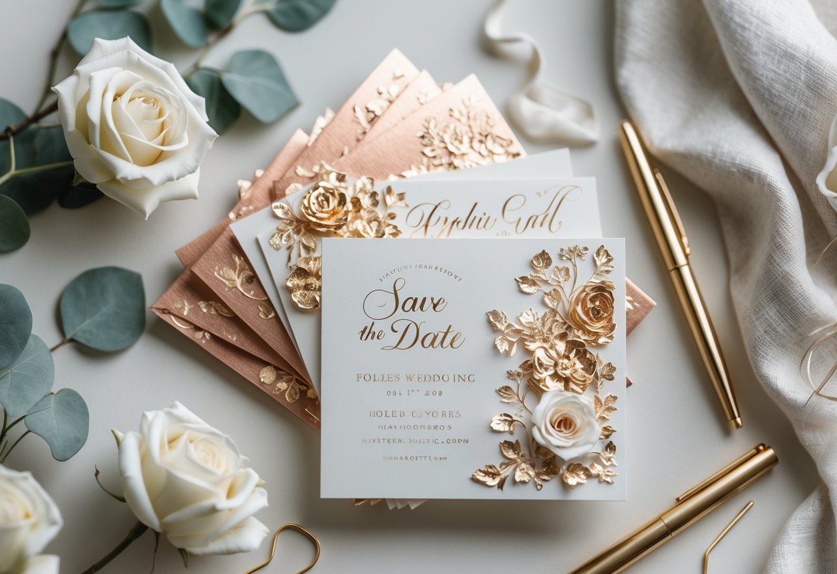 Close-up of elegant wedding save-the-date cards with metallic foil details, surrounded by flowers and wedding-related items on a neutral background.