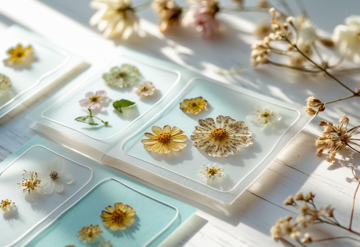 Save the date cards made of translucent vellum with pressed flowers, arranged on a wooden surface with dried flowers around.