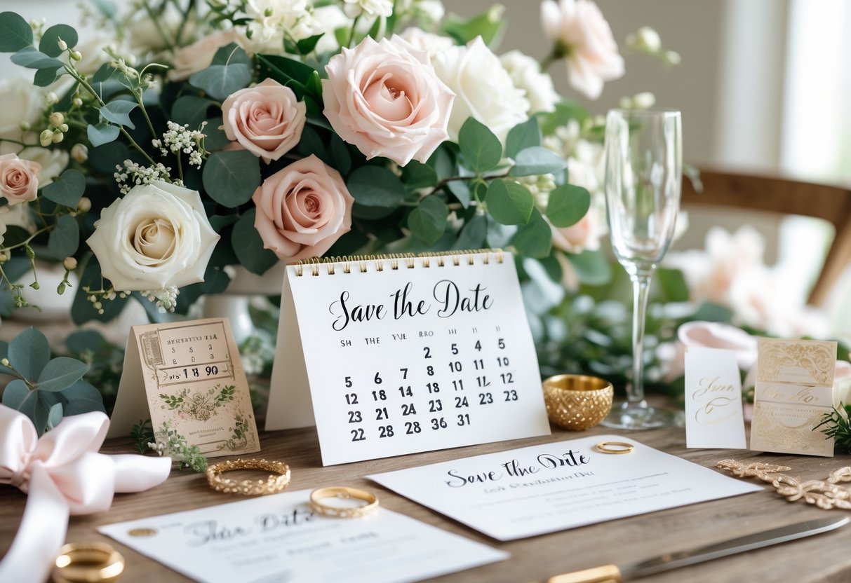 A close-up of a wedding save the date setup with flowers, a calendar, and elegant stationery on a wooden table.