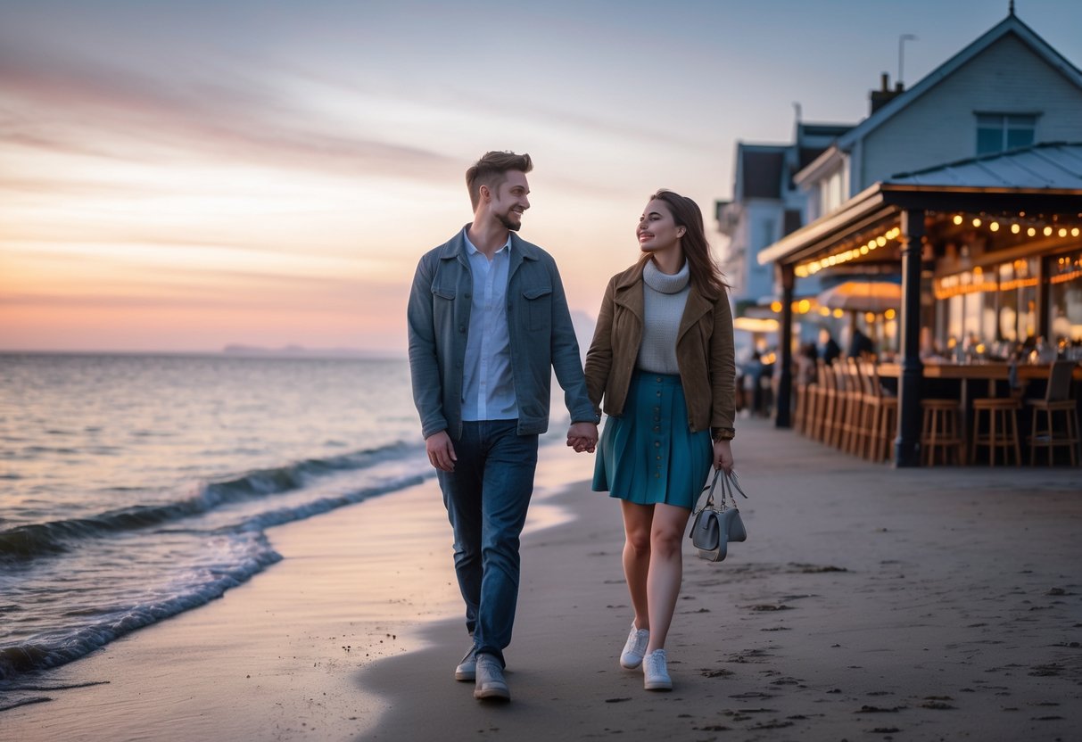 A young couple holding hands and walking along Swansea Bay beach at sunset with a seaside café in the background.