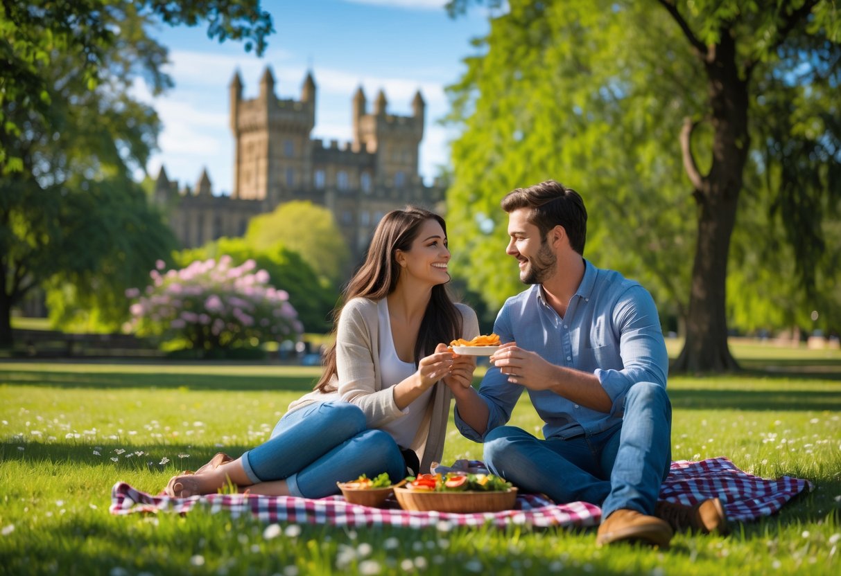 A young couple enjoying a picnic together in a green park with Tamworth Castle in the background.