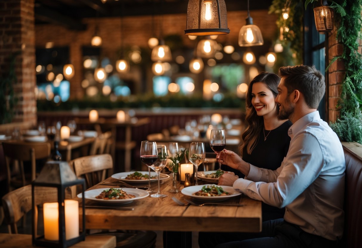 A couple enjoying a romantic dinner at a cozy restaurant with warm lighting and rustic decor.