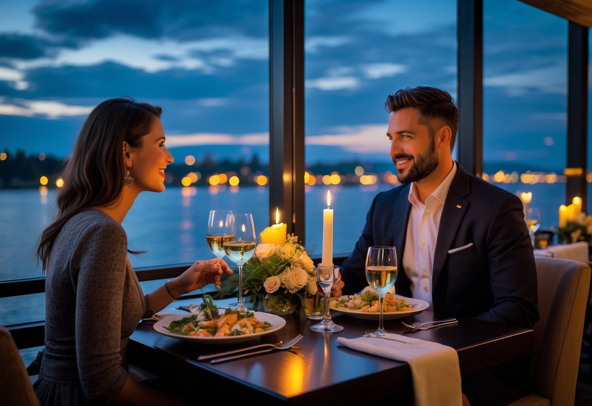 A couple enjoying a romantic dinner at a waterfront restaurant with a view of the river during early evening.