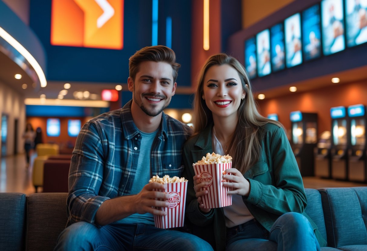 A young couple smiling and holding popcorn and drinks inside a busy movie theater lobby.