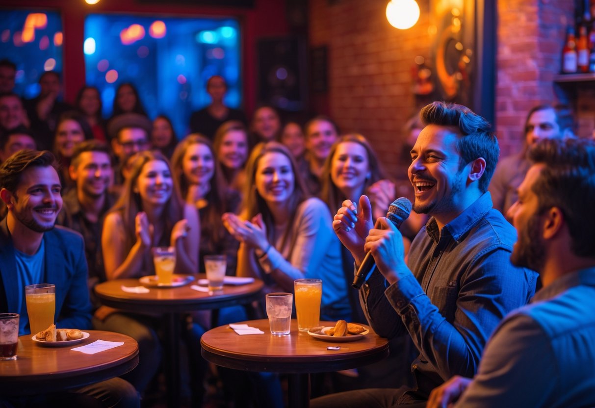 Couples and friends enjoying a live comedy show at a small club with a comedian performing on stage.