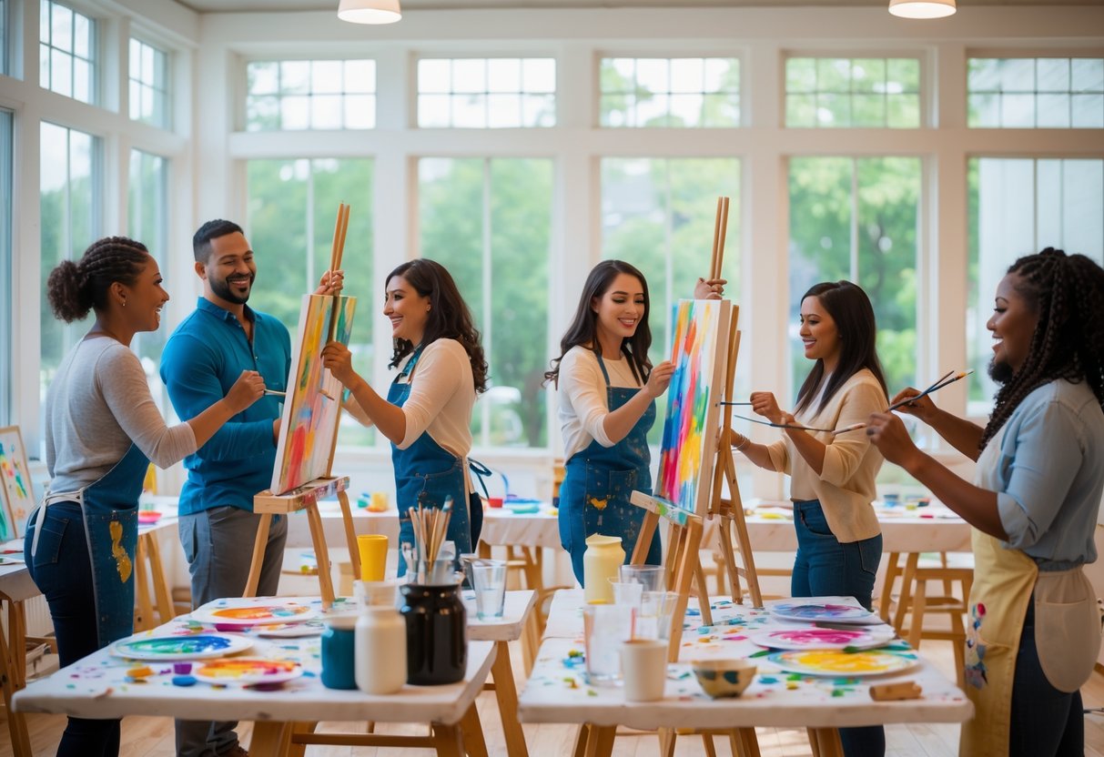 Couples painting together in a community center art room, smiling and working on canvases.