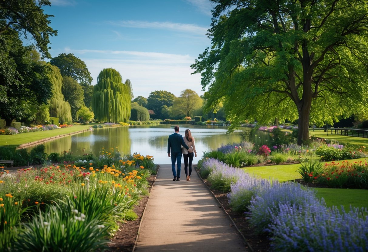 A couple walking along a garden path near a calm lake surrounded by trees and flowers.