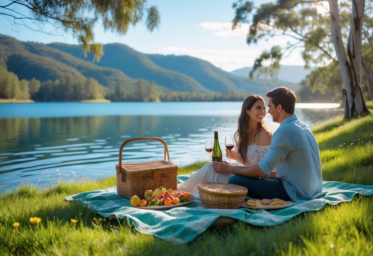 A couple having a picnic on a blanket by a calm lake with mountains and trees in the background.