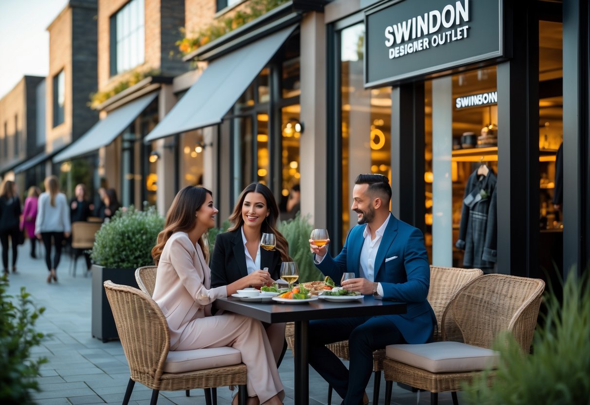 A couple enjoying a meal together at an outdoor restaurant in a shopping outlet with people walking nearby.