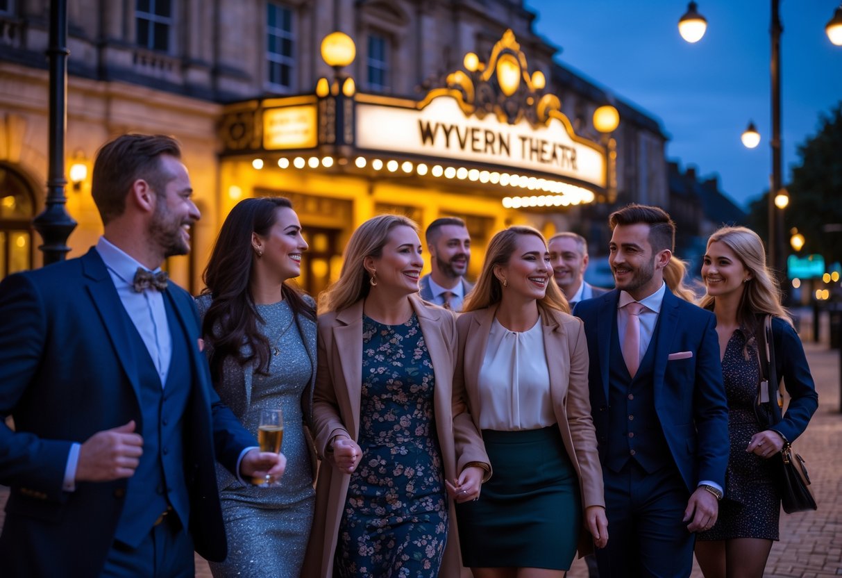 People arriving and socializing outside the Wyvern Theatre in Swindon during the evening.