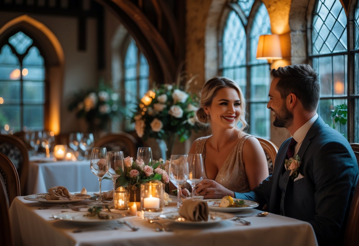 A couple enjoying a romantic dinner at a cozy table inside a Tudor-style restaurant.