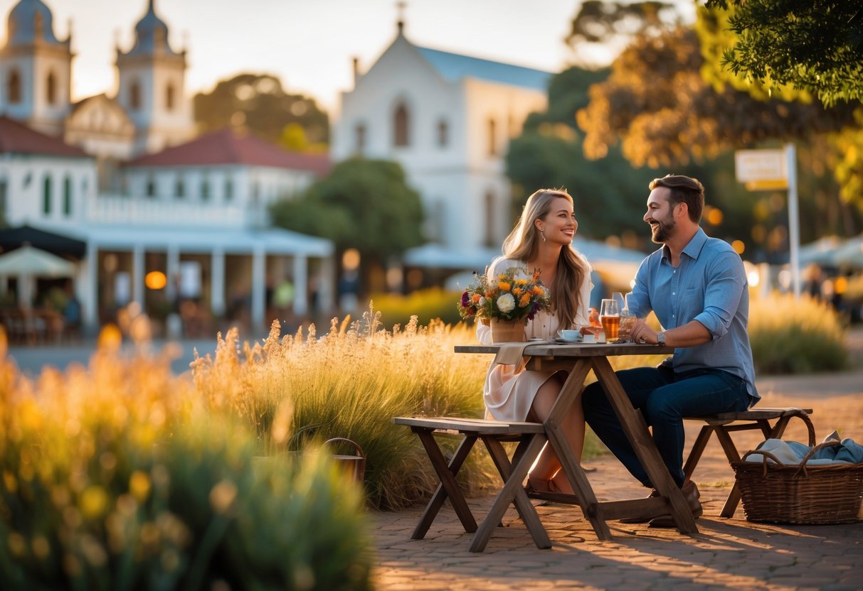 A couple enjoying a romantic outdoor date at a wooden table with greenery and historic buildings in the background.