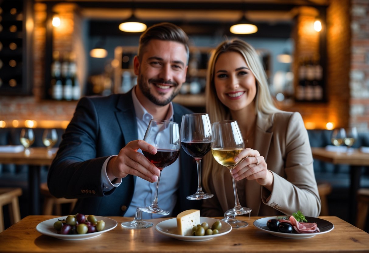 A couple smiling and clinking wine glasses while seated at a wooden table with wine bottles and appetizers in a warmly lit rustic setting.