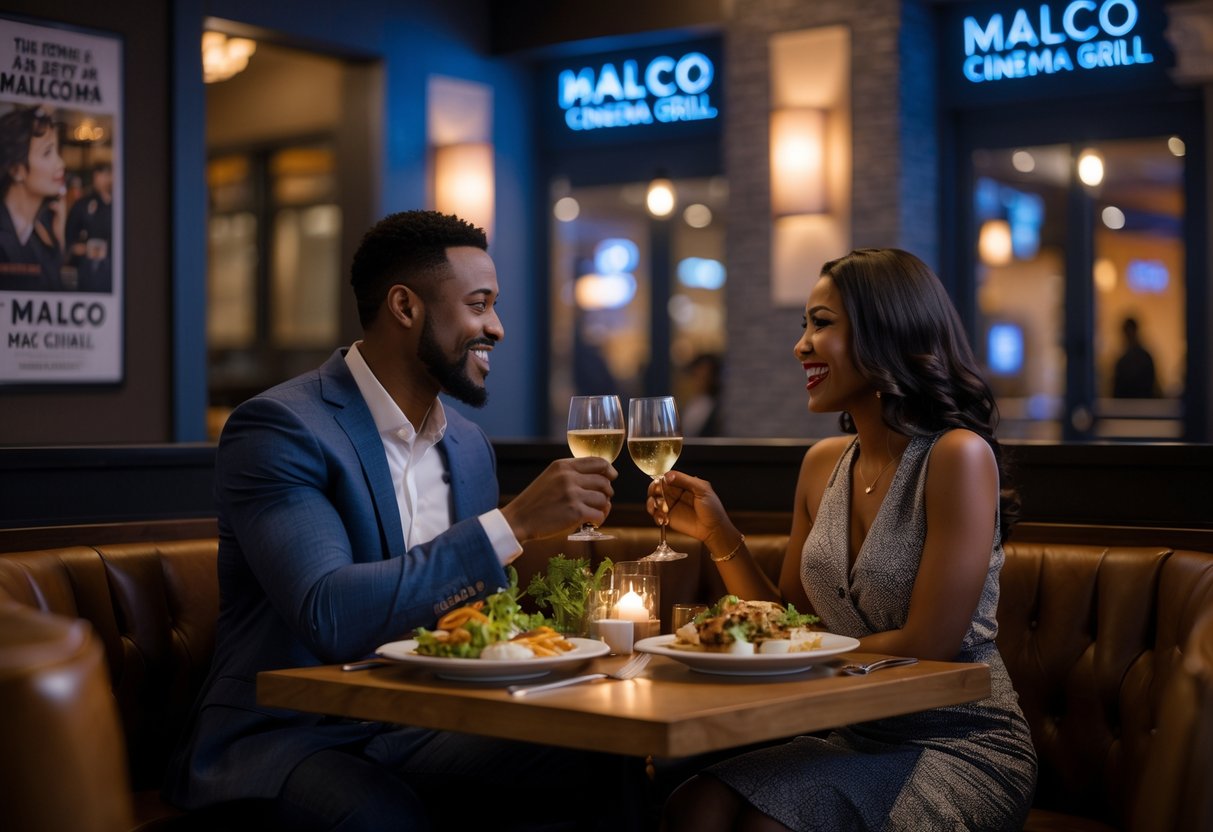 A couple enjoying dinner together at a cozy table inside a cinema grill restaurant.