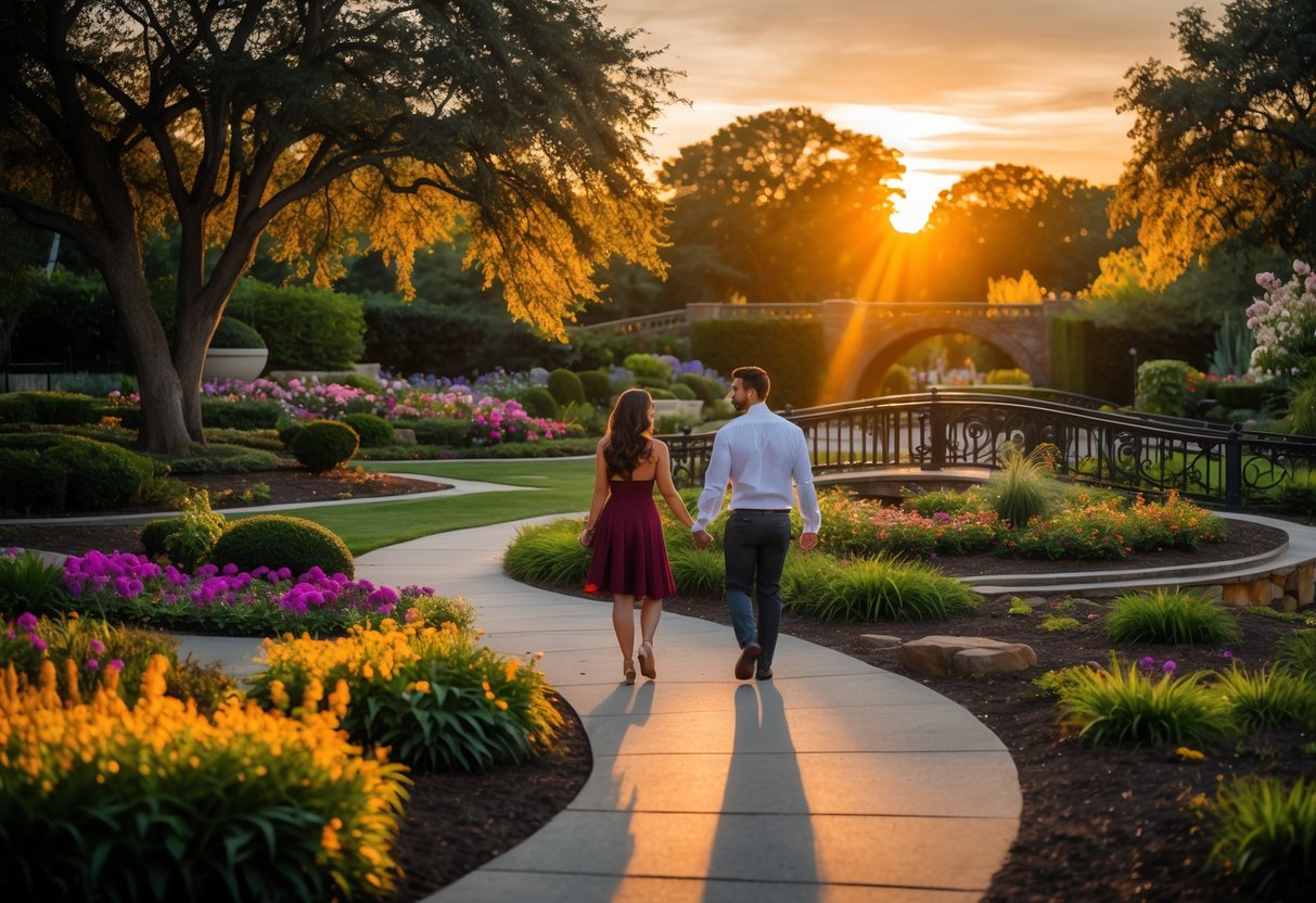 A couple walking hand-in-hand along a garden path at sunset surrounded by flowers and trees.