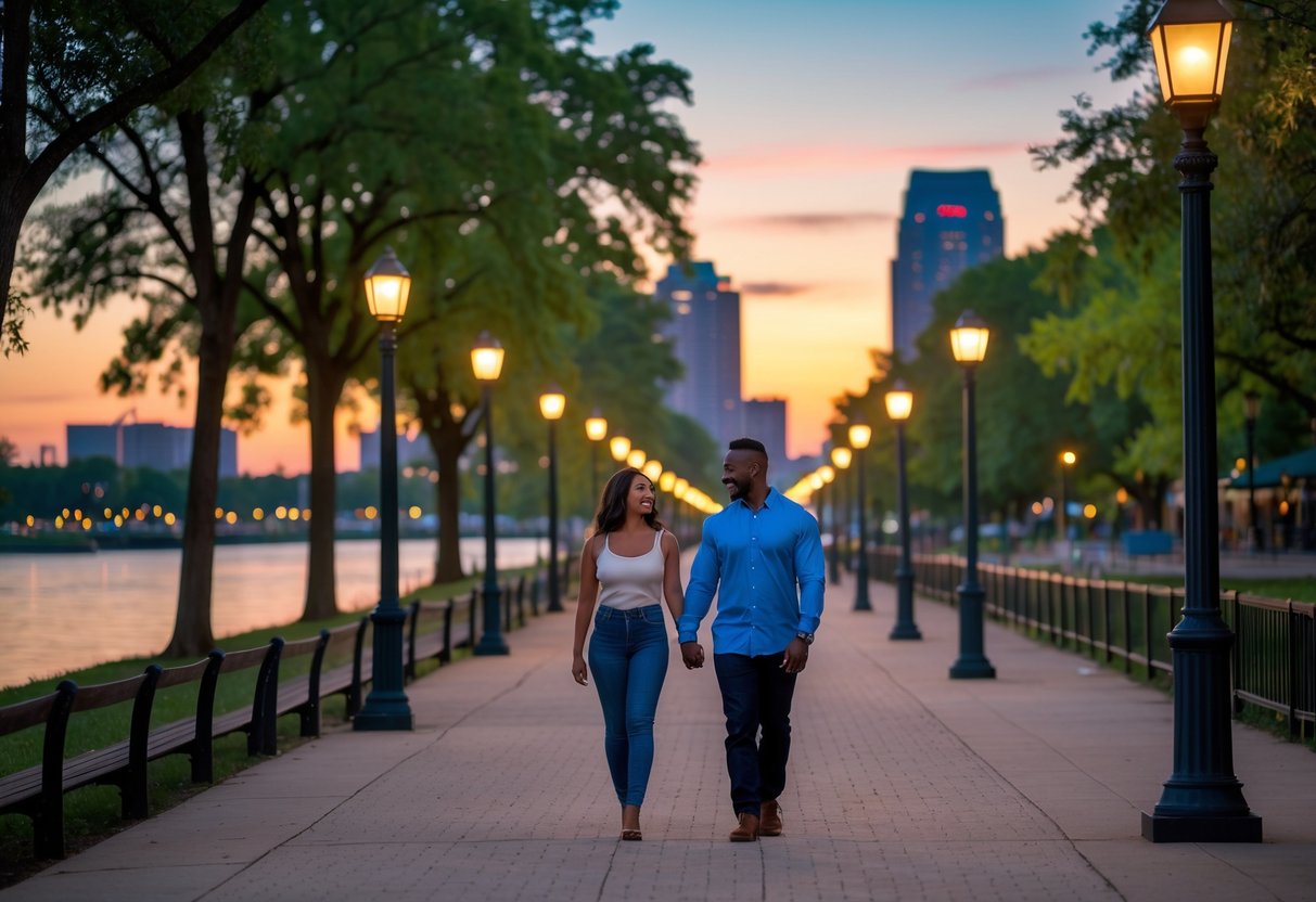 A couple walking hand-in-hand along a riverfront park path with trees, lampposts, and a city skyline in the background at sunset.