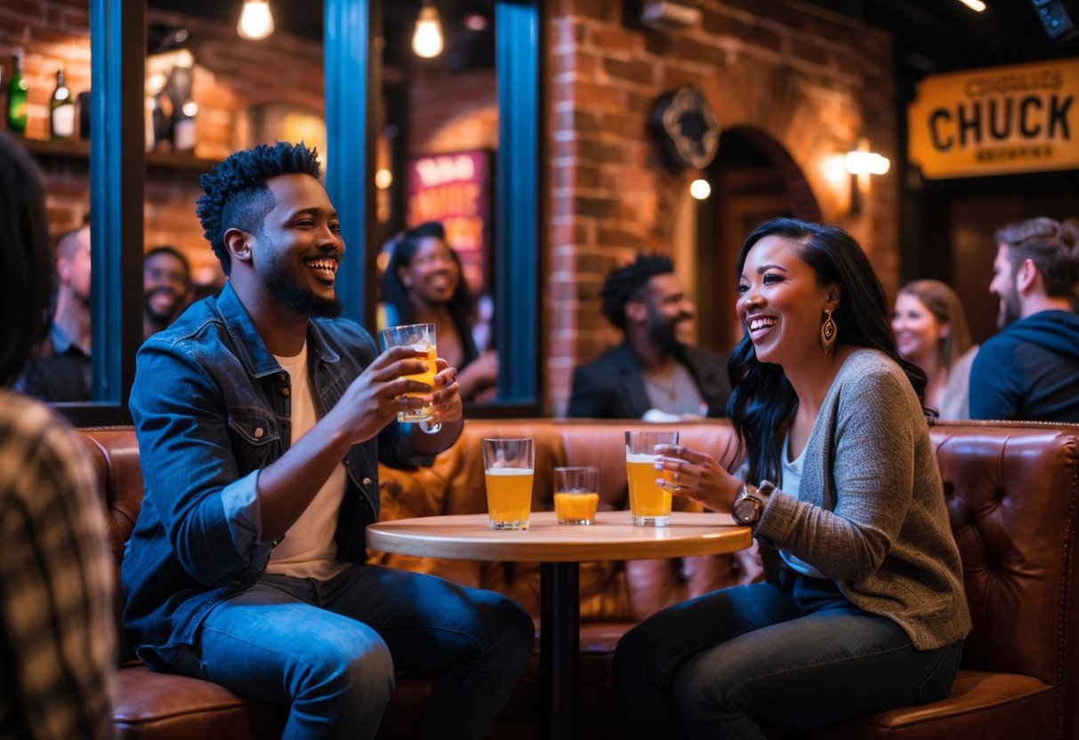 A couple enjoying a comedy show at a cozy comedy club with a comedian performing on stage and other guests laughing.