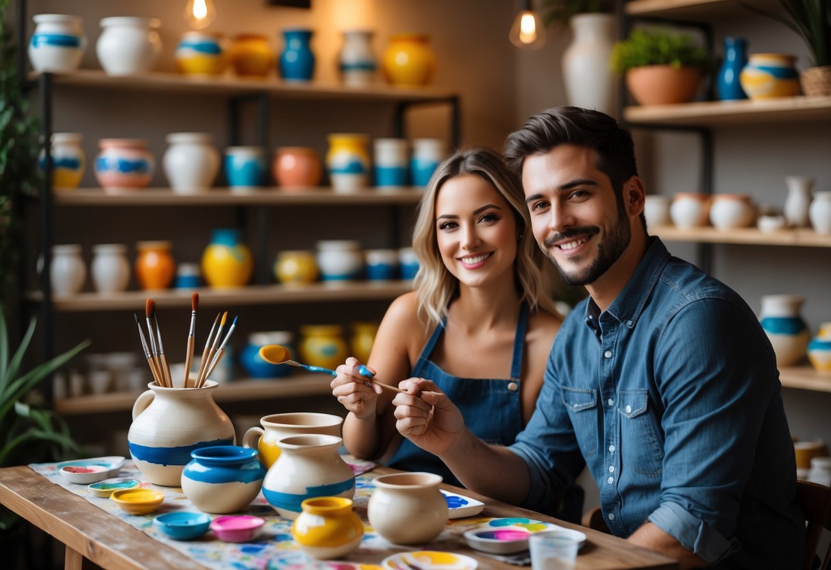 A couple painting pottery together at a wooden table in a cozy pottery studio, surrounded by shelves of pottery and art supplies.