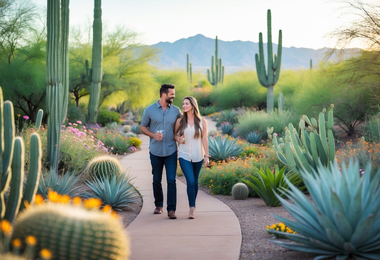 A couple walking along a garden path surrounded by desert plants and flowers on a sunny morning.