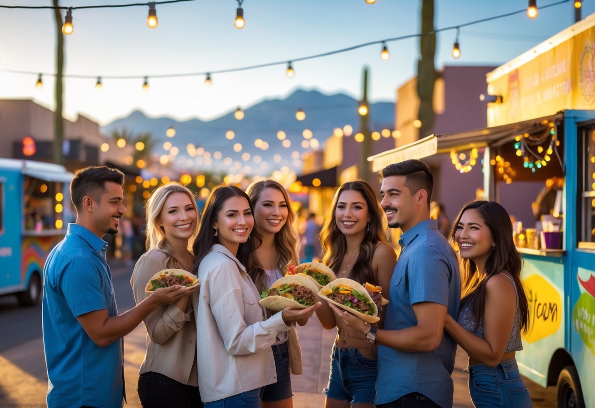 Couples enjoying tacos together at food trucks in a lively downtown street setting.
