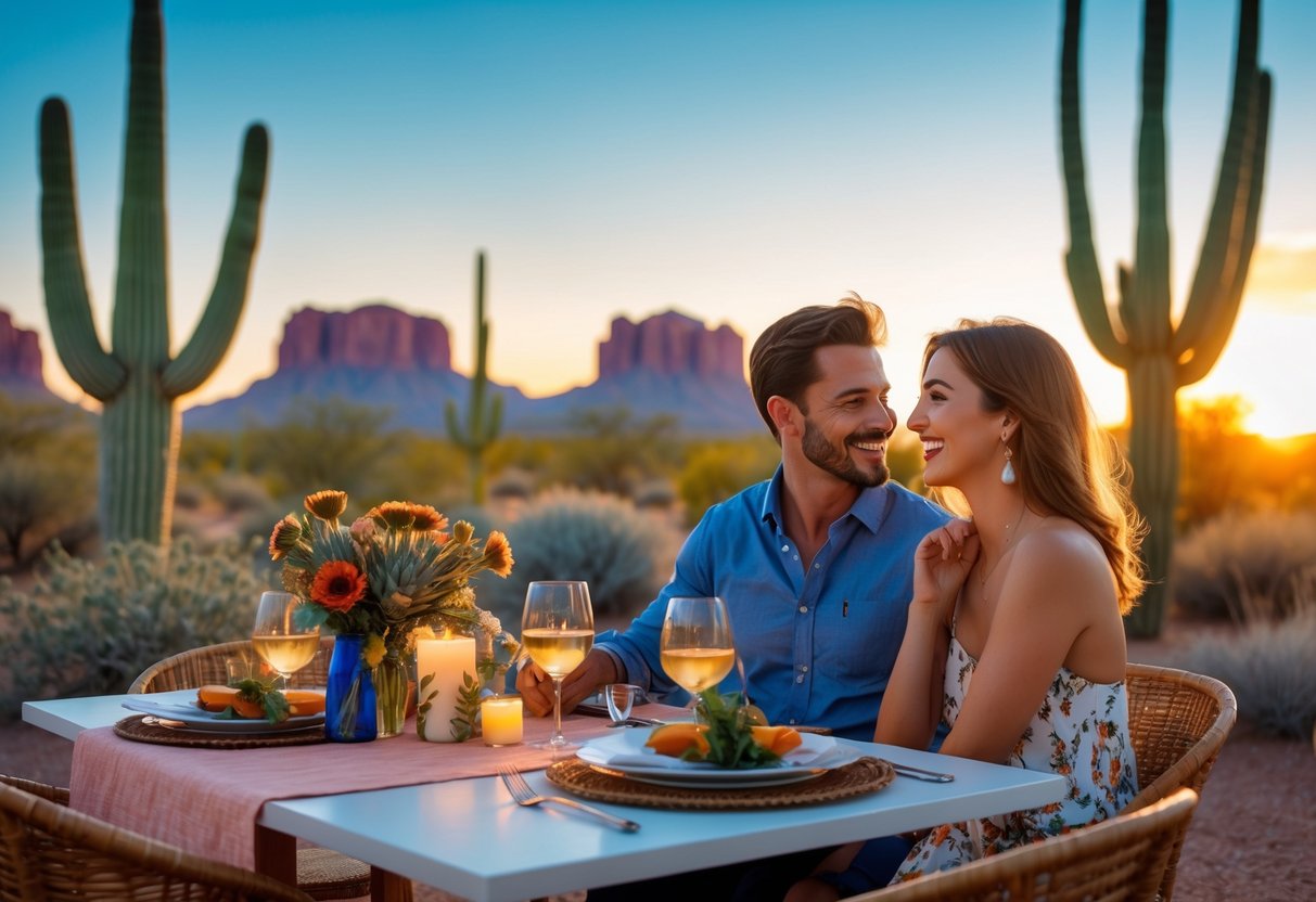 A couple enjoying an outdoor dinner at sunset with desert cacti and red rock formations in the background.
