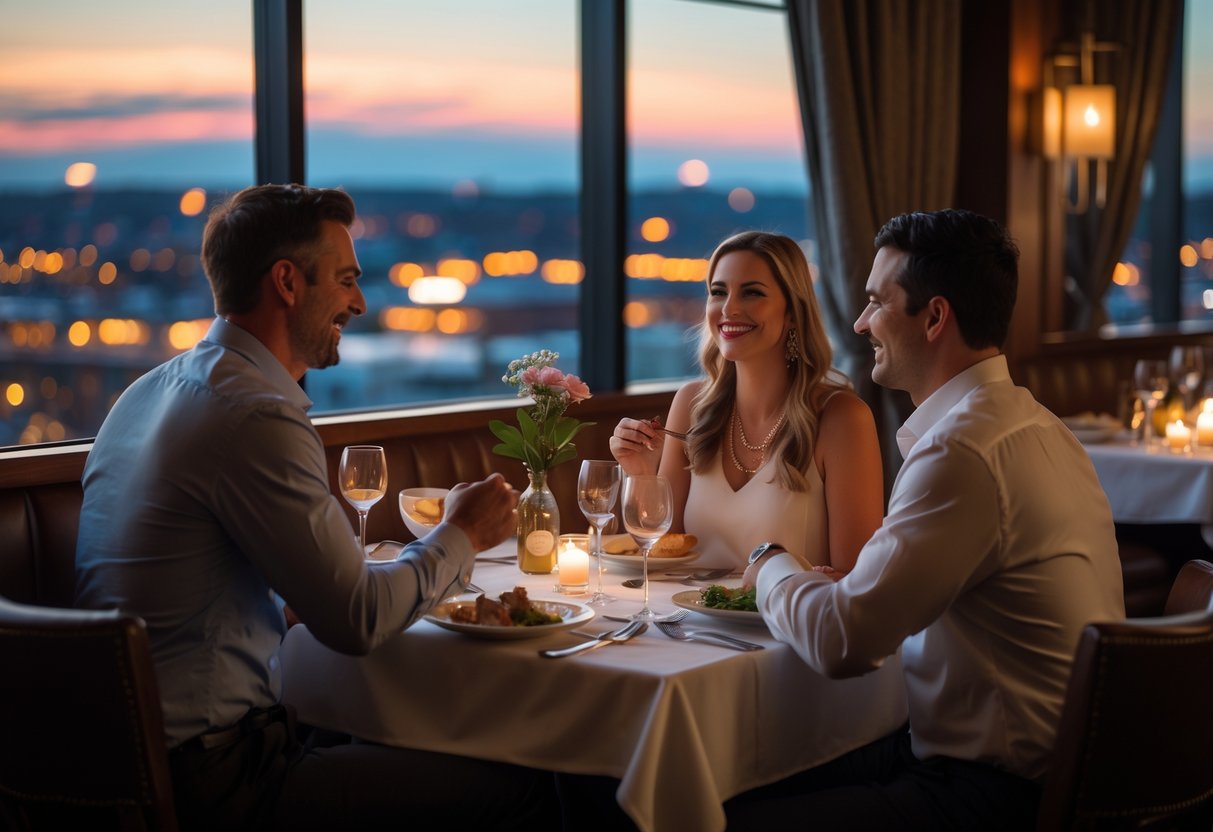 A couple enjoying a romantic dinner together at a restaurant with large windows showing a city view at dusk.