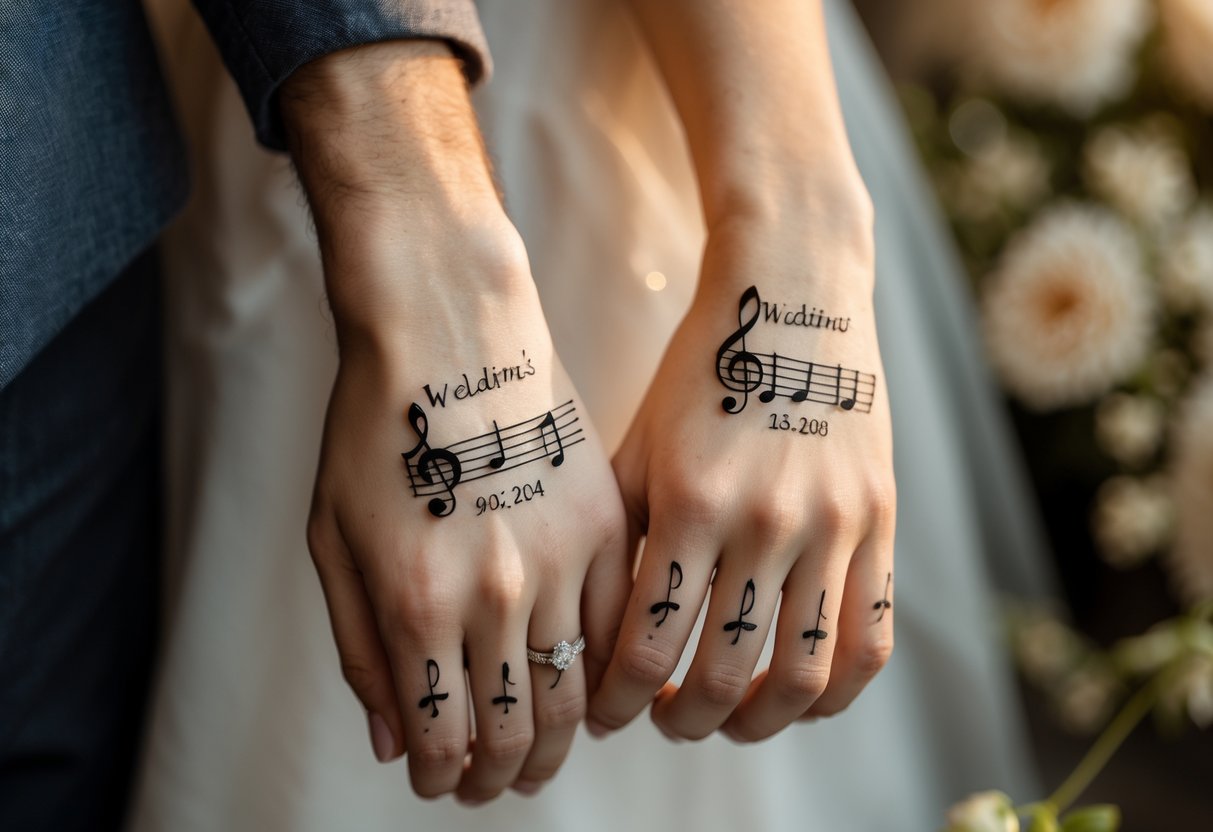 Close-up of a couple's hands showing matching tattoos of a wedding date with musical notes.