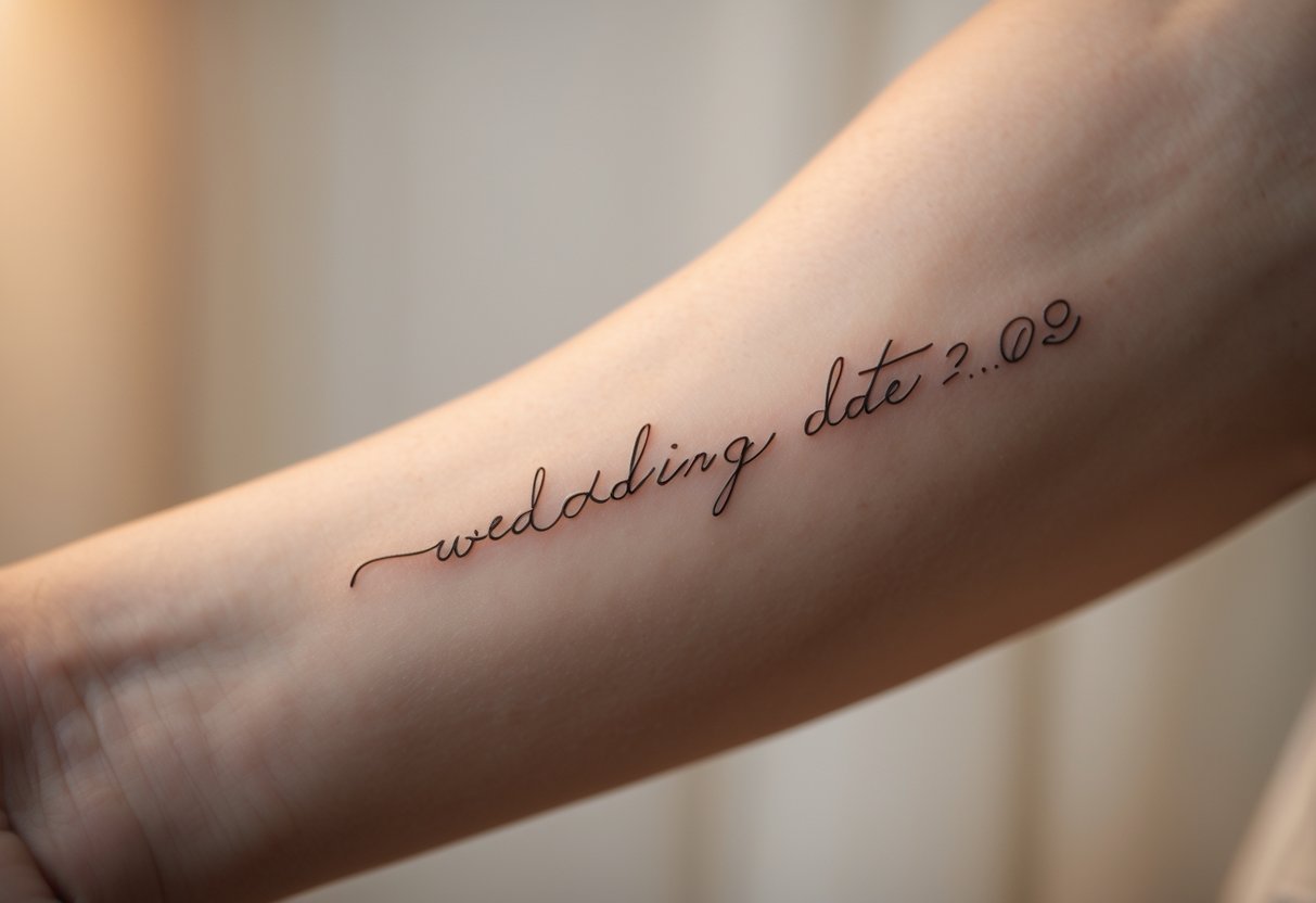 Close-up of a person's forearm showing a delicate handwritten wedding date tattoo.