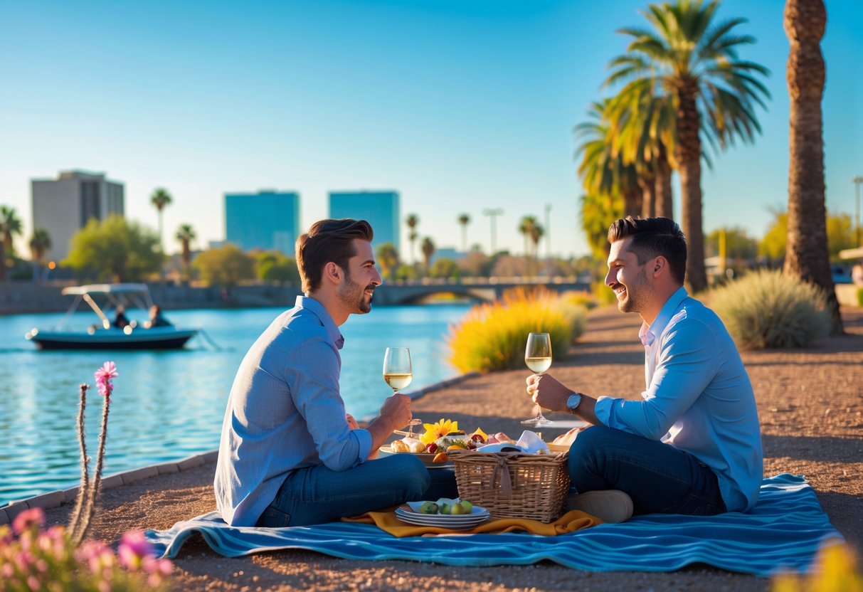 A young couple enjoying a picnic by Tempe Town Lake with palm trees, city buildings, and mountains in the background on a sunny day.